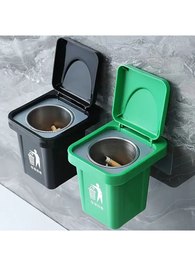 Green Wall Mounted Trash Can and Ashtray Set Stainless Steel Space Saving Square Design - Image 1