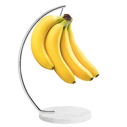 Livabber Banana Holder with Marble Base, Metal Banana Hanger Modern Tree Stand with Hook, Stylish Banana Keeper Fresh Fruit Storage Organizer Freestanding for Kitchen Countertop (Chrome, Single Hook) - Image 1