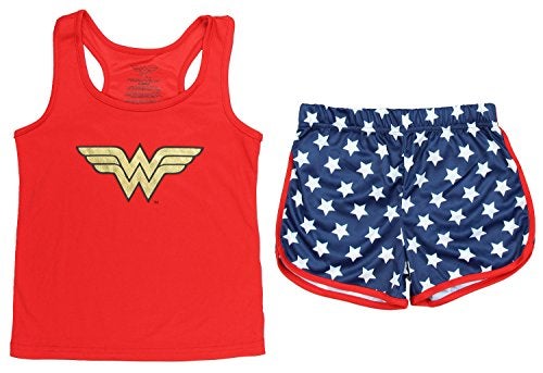INTIMO Wonder Woman Big Girls' Wonder Woman Sporty Mesh Pajama Short Set, Red, 7/8 - Image 1