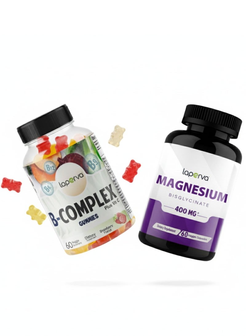 Laperva Energy & Wellness Bundle Vitamin B Complex Gummies, Strawberry Flavor, 60 Veggie Gummies + Magnesium Bisglycinate 400 mg, 60 Veggie Capsules, Boost Energy, Support Brain Function & Enhance Nighttime Wellness - Image 1