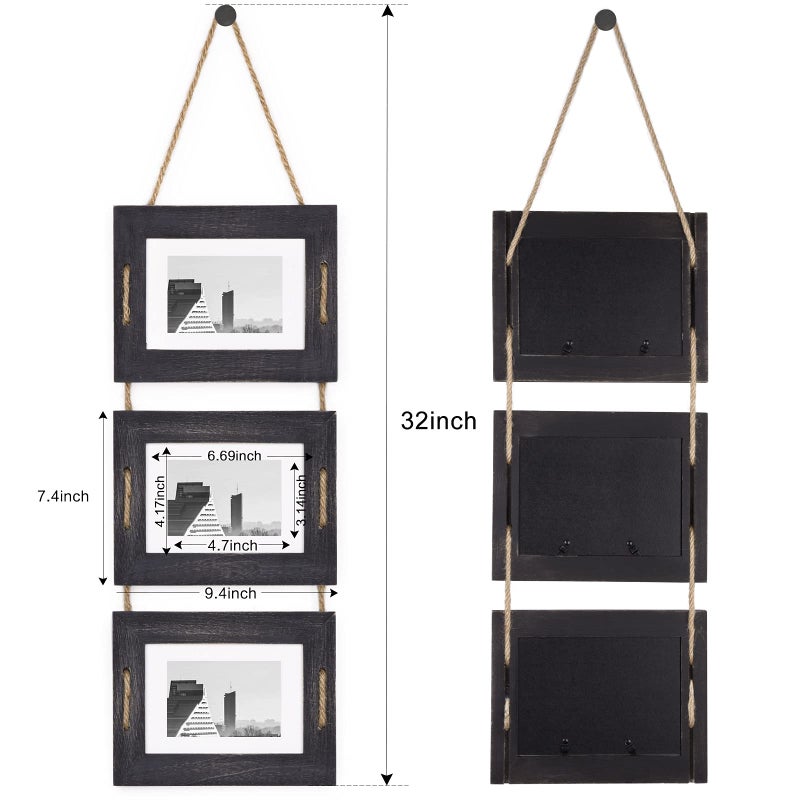 DLQuarts 5x7 Hanging Picture Frames Collage Wall Decor, 3-Opening Photo Frames Set, 3.5x5 with Mat or 5x7 Without Mat, Rustic Solid Wood Photo Frame Pack of 2, Weathered Black - Image 5