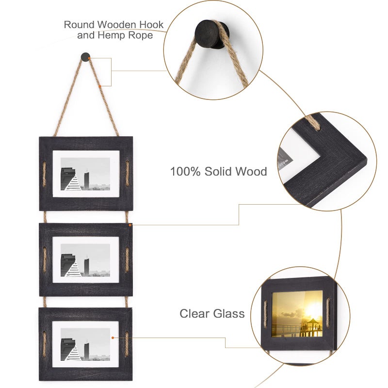 DLQuarts 5x7 Hanging Picture Frames Collage Wall Decor, 3-Opening Photo Frames Set, 3.5x5 with Mat or 5x7 Without Mat, Rustic Solid Wood Photo Frame Pack of 2, Weathered Black - Image 4