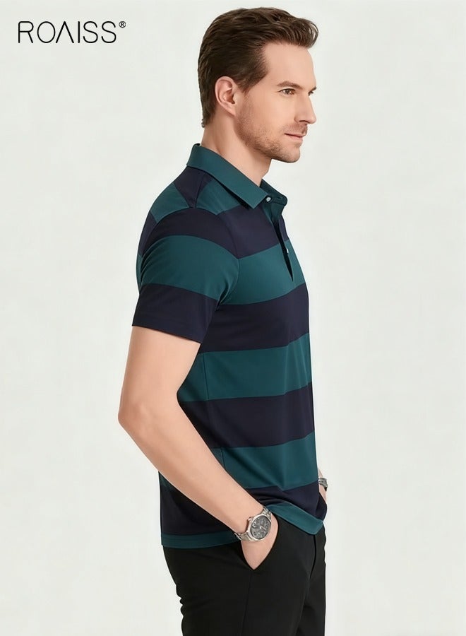 roaiss Men Stylish Polo Shirts, Striped Short Sleeve T Shirt, Casual Versatile Tops with Button Closure, Great for Daily Wear or Any Outdoor Activities - Image 5
