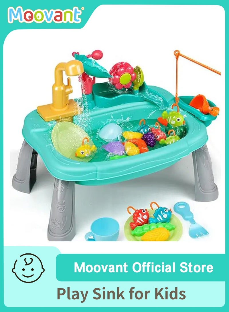 موفانت حوض لعب بمياه جارية للأطفال الصغار، غسالة أطباق متعددة الوظائف 3 في 1 للأطفال، لعبة طاولة صيد بعجلة مائية، لعبة محاكاة مطبخ بتدوير المياه الكهربائية - Image 1