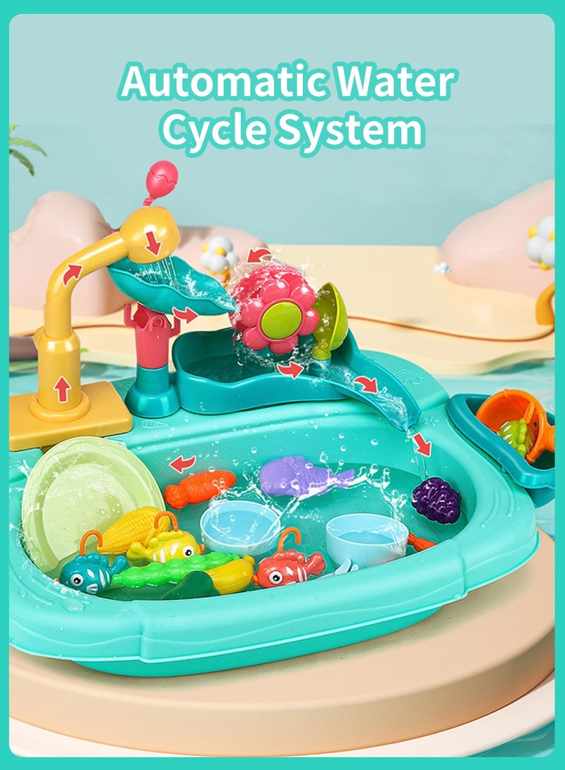 موفانت حوض لعب بمياه جارية للأطفال الصغار، غسالة أطباق متعددة الوظائف 3 في 1 للأطفال، لعبة طاولة صيد بعجلة مائية، لعبة محاكاة مطبخ بتدوير المياه الكهربائية - Image 2