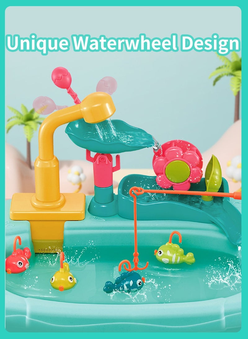 موفانت حوض لعب بمياه جارية للأطفال الصغار، غسالة أطباق متعددة الوظائف 3 في 1 للأطفال، لعبة طاولة صيد بعجلة مائية، لعبة محاكاة مطبخ بتدوير المياه الكهربائية - Image 4