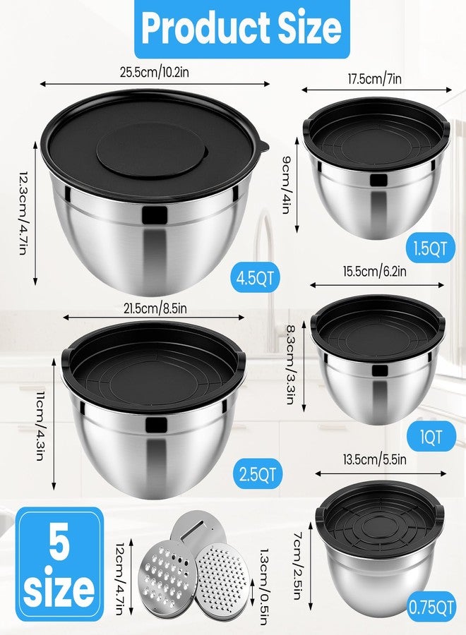Cabaubl Mixing Bowls with Airtight Lids Set of 5, Stainless Steel Mixing Bowls with 3 Grater Attachments, Nesting Salad Bowl for Prepping, Serving, Cooking, Kitchen, 0.75/1/1.5/2.5/4.5QT, Black - Image 2