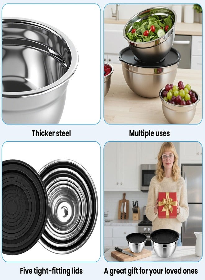 Cabaubl Mixing Bowls with Airtight Lids Set of 5, Stainless Steel Mixing Bowls with 3 Grater Attachments, Nesting Salad Bowl for Prepping, Serving, Cooking, Kitchen, 0.75/1/1.5/2.5/4.5QT, Black - Image 4