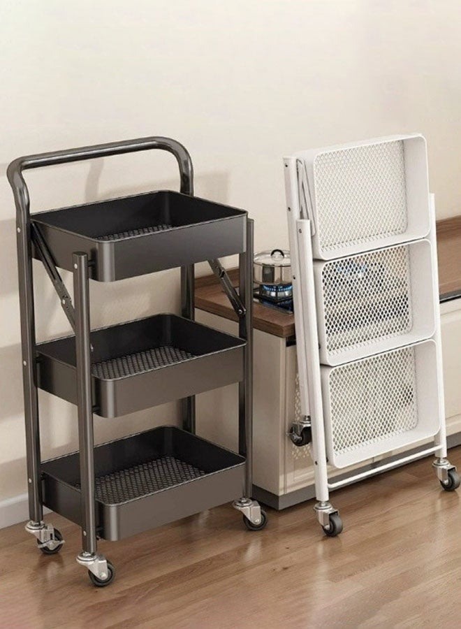 Hanayo 3 Tier Rolling Storage Cart with Wheels Handle Foldable Heavy Duty Utility Cart Multifunction Large Storage Shelves Organizer with Basket  Multifunction Storage Rack Serving Cart for Home or Kitchen(Black) - Image 2