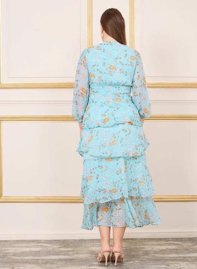 Styli Plus Ditsy Print Layered Tiered Midi Dress