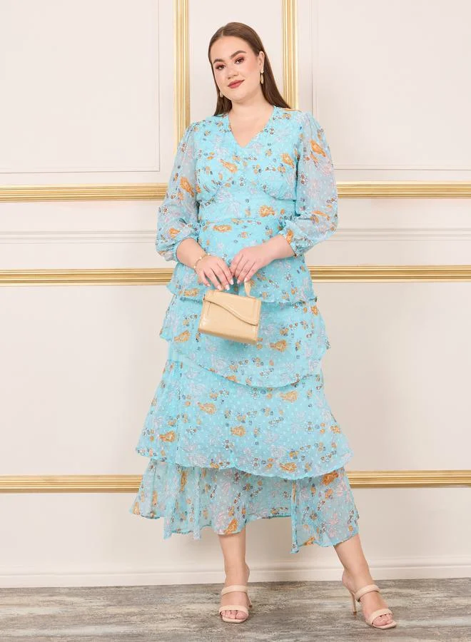 Styli Plus Ditsy Print Layered Tiered Midi Dress