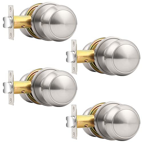 Probrico Brushed Nickel Passage Door Knobs Round Handles for Hall or Closet Knobs Keyless Hardware, 4 Pack - Image 1