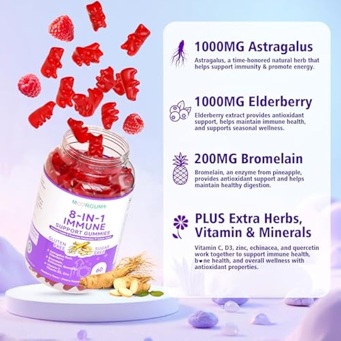 MOORGUMY Immune Support Gummies – 8-in-1 Formula Herbal Supplements with Astragalus, Elderberry, Quercetin, Bromelain, Echinacea, Vitamin C, D3 and Zinc for Everyday Balance, Raspberry Flavor, 60 Count - Image 3