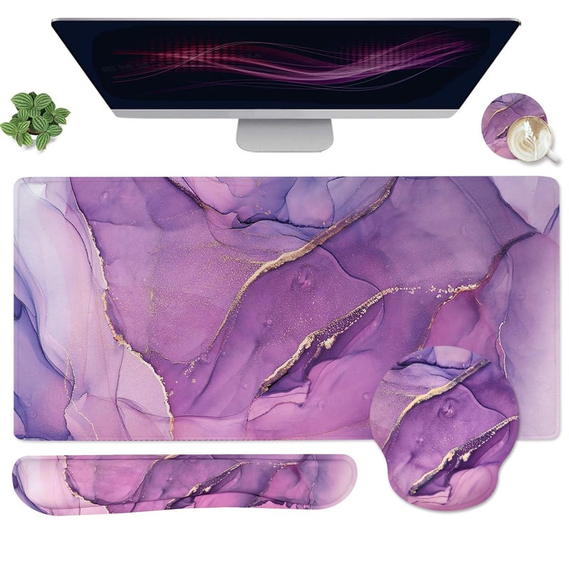 Yunoble 4-in-1 Gaming Mouse Pad Wrist Support Setï¼ŒDesk Pad + Mouse Pad with Wrist Rest + Keyboard Wrist Rest + Coaster, Ergonomic Design for Home Office Study Game - Purple - Image 1
