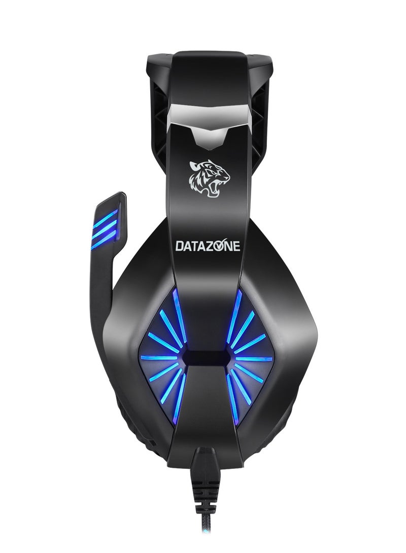 داتا زون سماعة قيمنق سلكية باللون الأسود مع إضاءة زرقاء احترافية، عازل ضوضاء وصوت محيطي عالي الدقة – مناسبة لأجهزة PS5، PS4، PC، XBOX – بجودة عالية ومصممة خصيصًا لعشاق الألعاب - Image 2