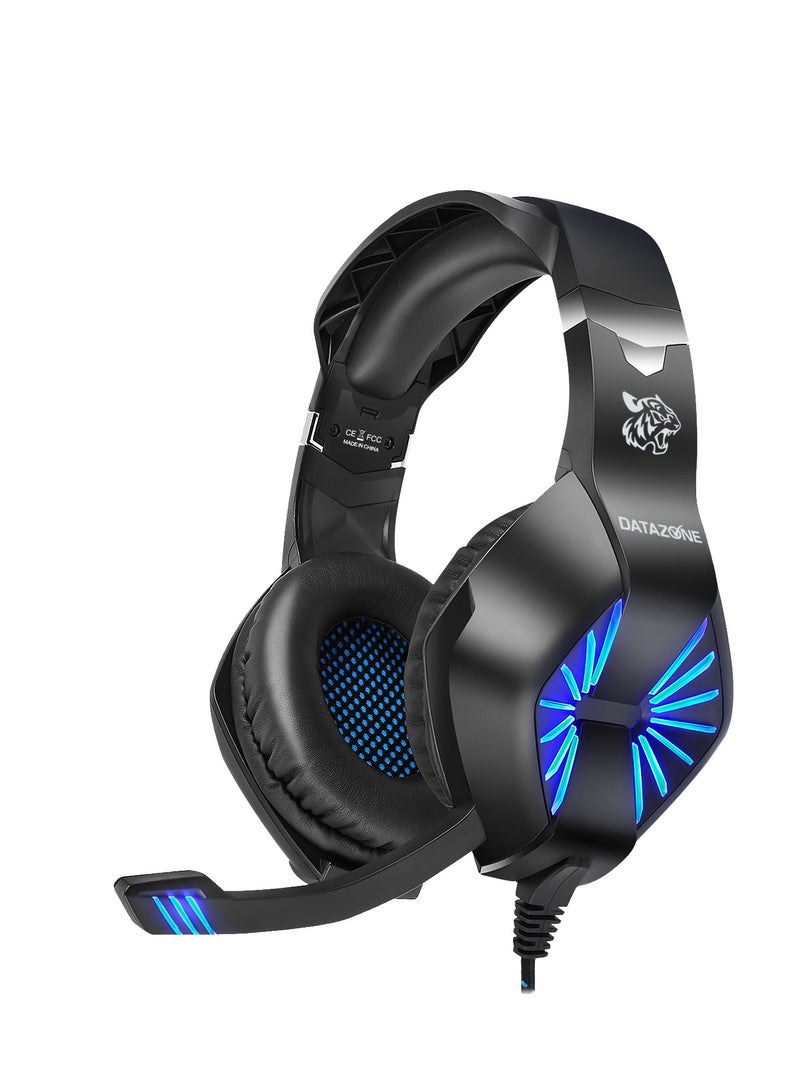 داتا زون سماعة قيمنق سلكية باللون الأسود مع إضاءة زرقاء احترافية، عازل ضوضاء وصوت محيطي عالي الدقة – مناسبة لأجهزة PS5، PS4، PC، XBOX – بجودة عالية ومصممة خصيصًا لعشاق الألعاب - Image 1
