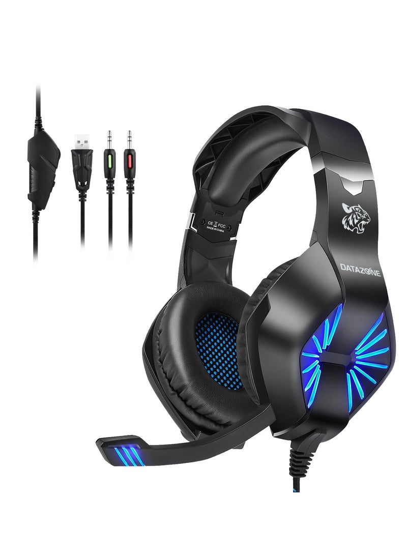 داتا زون سماعة قيمنق سلكية باللون الأسود مع إضاءة زرقاء احترافية، عازل ضوضاء وصوت محيطي عالي الدقة – مناسبة لأجهزة PS5، PS4، PC، XBOX – بجودة عالية ومصممة خصيصًا لعشاق الألعاب - Image 4