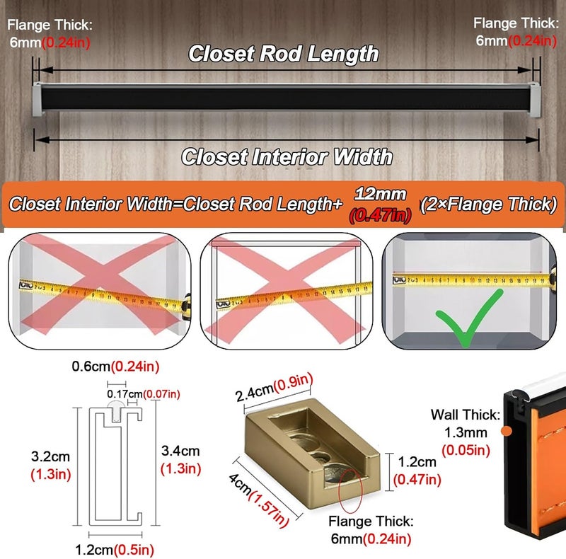 Square Black Hanging Clothes Rods for Wardrobe, 20" 24" 30" 35" 40" 45" 50" 55" 60" 63" Custom Garment Bar for Laundry Room/Balcony/Bedroom, with End Sockets & Screws ( Color : Black , Size : Closet W - Image 2