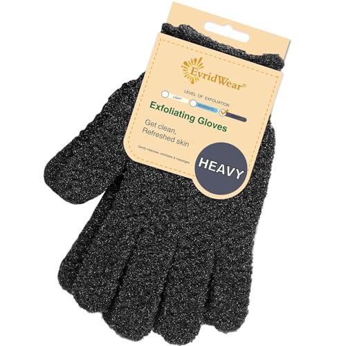 Evridwear Exfoliating Dual Texture Bath Gloves for Shower, Spa, Massage and Body Scrubs, Dead Skin Cell Remover, Gloves with Hanging Loop (1 Pair Black Heavy Glove) - Image 1