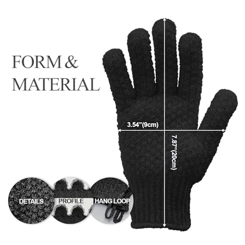 Evridwear Exfoliating Dual Texture Bath Gloves for Shower, Spa, Massage and Body Scrubs, Dead Skin Cell Remover, Gloves with Hanging Loop (1 Pair Black Heavy Glove) - Image 2