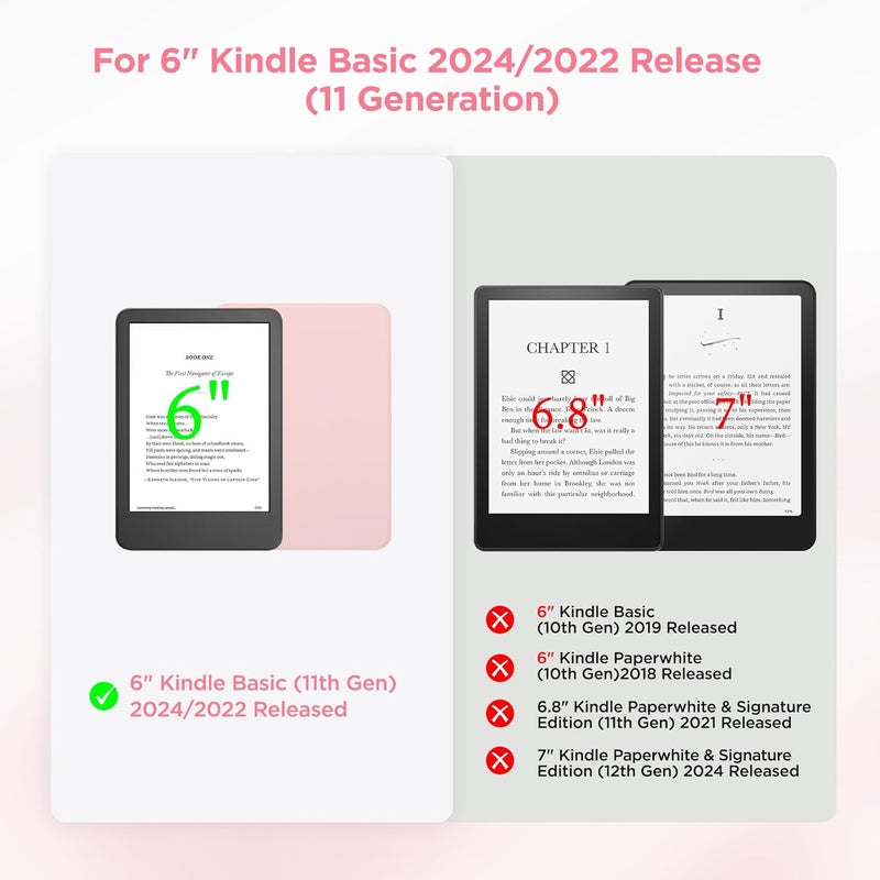 SESENSE Detachable Magnetic Case for 6'' Kindle 2024 and 2022 (11 Generation), Slim PU Shell Cover Case with Auto Wake/Sleep, Pink - Image 2