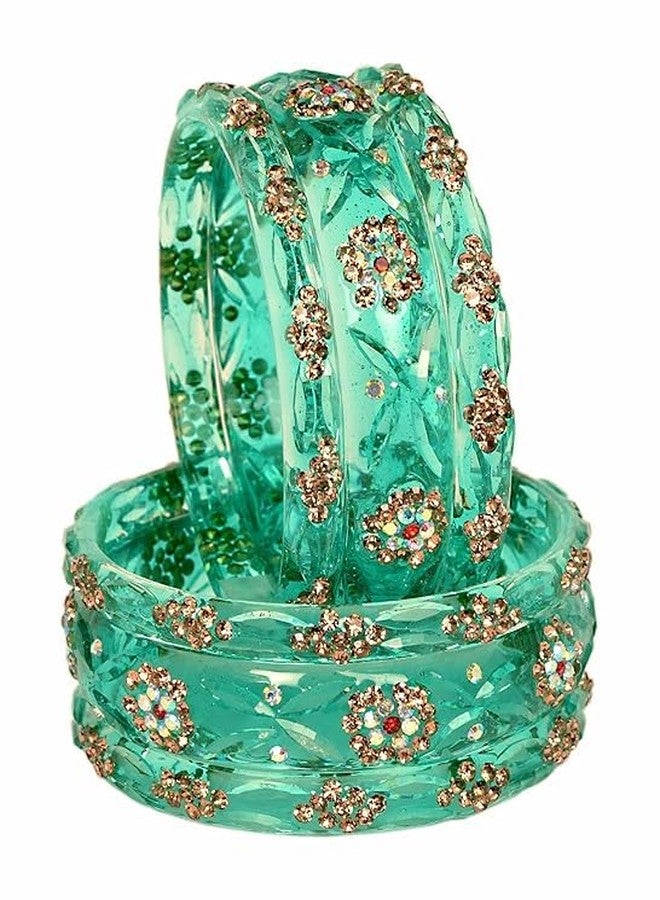 BANGLESKART مجموعة أساور زجاجية من بانغلسكارت / مرصعة بالزركون الذهبي / بتشطيب مصقول / أساور زفاف ومهرجانات للنساء (6 قطع) (أزرق مخضر / راديوم، 2.8) - Image 2