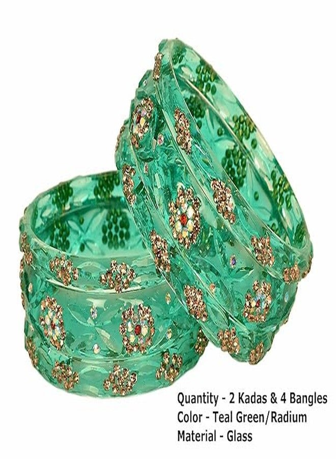 BANGLESKART مجموعة أساور زجاجية من بانغلسكارت / مرصعة بالزركون الذهبي / بتشطيب مصقول / أساور زفاف ومهرجانات للنساء (6 قطع) (أزرق مخضر / راديوم، 2.8) - Image 3
