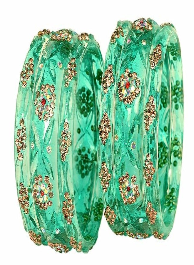 BANGLESKART مجموعة أساور زجاجية من بانغلسكارت / مرصعة بالزركون الذهبي / بتشطيب مصقول / أساور زفاف ومهرجانات للنساء (6 قطع) (أزرق مخضر / راديوم، 2.8) - Image 4