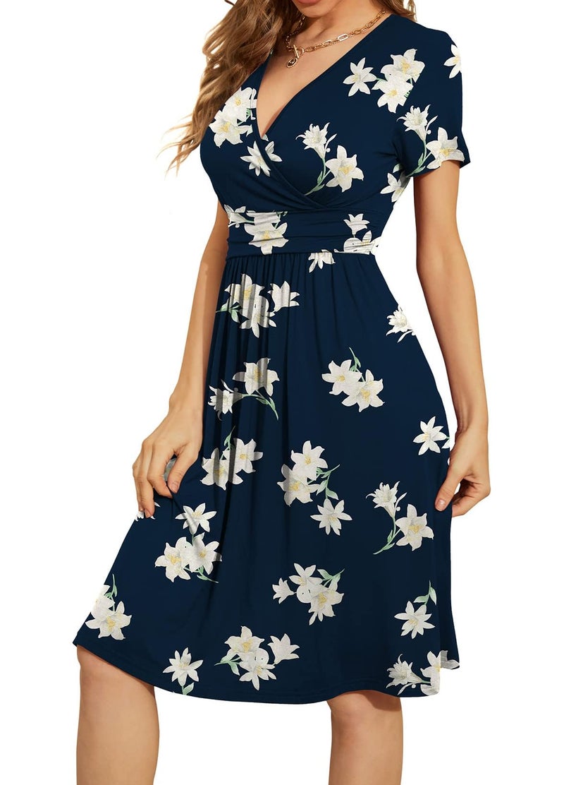 WEACZZY Women Summer Casual Short Sleeve Dresses V-Neck Floral Sundress with Pockets,Floral Navy Lily,L - Image 2