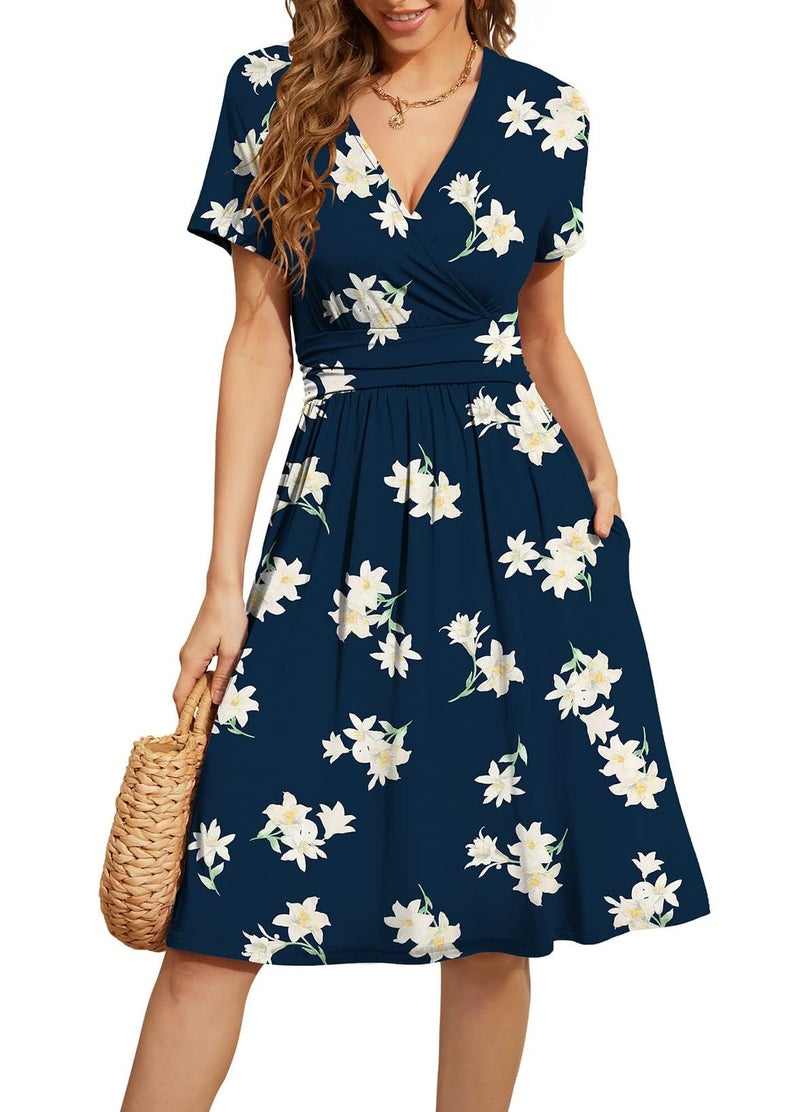 WEACZZY Women Summer Casual Short Sleeve Dresses V-Neck Floral Sundress with Pockets,Floral Navy Lily,L - Image 1