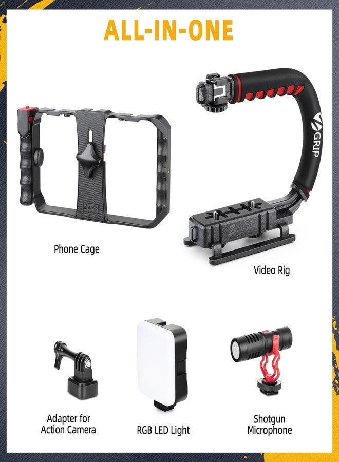 Zeadio Smartphone Camera Stabilizer Kit, Portable Handle Grip Handheld Video Rig with RGB Video Light and Microphone, Fits for All Camcorder, Camera, DSLR and All iPhone and Android Smartphones - Image 2