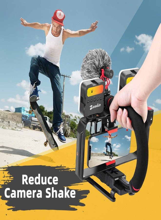Zeadio Smartphone Camera Stabilizer Kit, Portable Handle Grip Handheld Video Rig with RGB Video Light and Microphone, Fits for All Camcorder, Camera, DSLR and All iPhone and Android Smartphones - Image 4