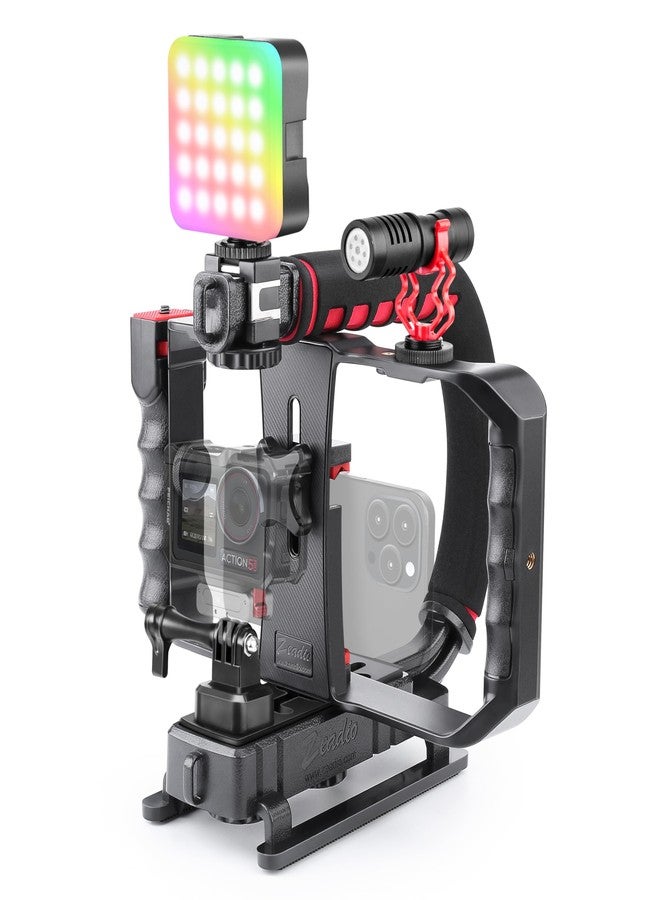 Zeadio Smartphone Camera Stabilizer Kit, Portable Handle Grip Handheld Video Rig with RGB Video Light and Microphone, Fits for All Camcorder, Camera, DSLR and All iPhone and Android Smartphones - Image 1