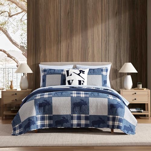 Eddie Bauer Queen Quilt Set Naturally Soft Cotton Bedding wa Lightweight Feel for AllYear Comfort Reversible wMatching Pillowcases 3 Piece Bed Set Moose PlaidPinstripePatchwork Blue - Image 1
