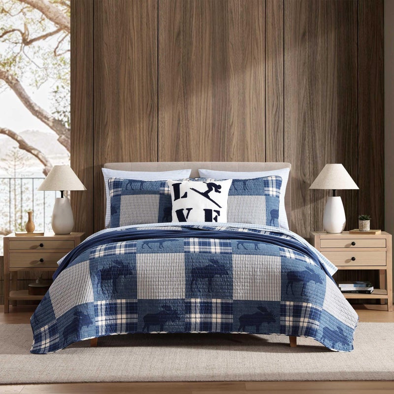 Eddie Bauer Queen Quilt Set Naturally Soft Cotton Bedding wa Lightweight Feel for AllYear Comfort Reversible wMatching Pillowcases 3 Piece Bed Set Moose PlaidPinstripePatchwork Blue - Image 2