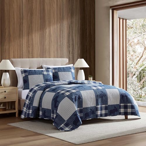 Eddie Bauer Queen Quilt Set Naturally Soft Cotton Bedding wa Lightweight Feel for AllYear Comfort Reversible wMatching Pillowcases 3 Piece Bed Set Moose PlaidPinstripePatchwork Blue - Image 3