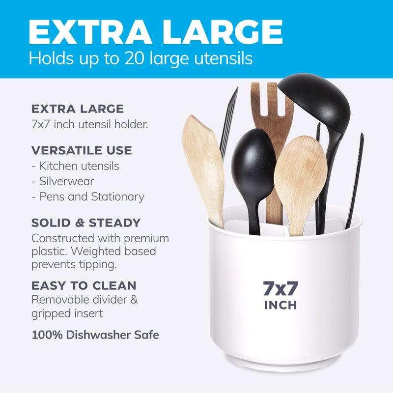 Cooler Kitchen Rotating Extra Large White Plastic Utensil Holder Caddy with Sturdy No-Tip Weighted Base  Removable Divider  and Gripped Insert - Dishwasher Safe Kitchen Utensil Holder for Countertop - Image 3