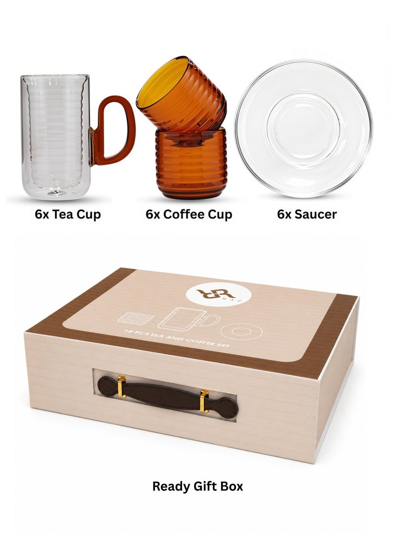 Raz 18 Pieces Tea & Coffee Serving Set – Double-Wall Glass with Ribbed Inner Cup & Clear Saucer - Image 2