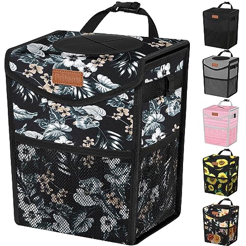 Pritent Car Trash Can with Lid Cute Leakproof Car Trash Garbage Bag Hanging Vehicle Trash Bin Small Portable Automotive Garbage Cans Organizer for BackFront SeatTrapezoidBlack with Lily Print