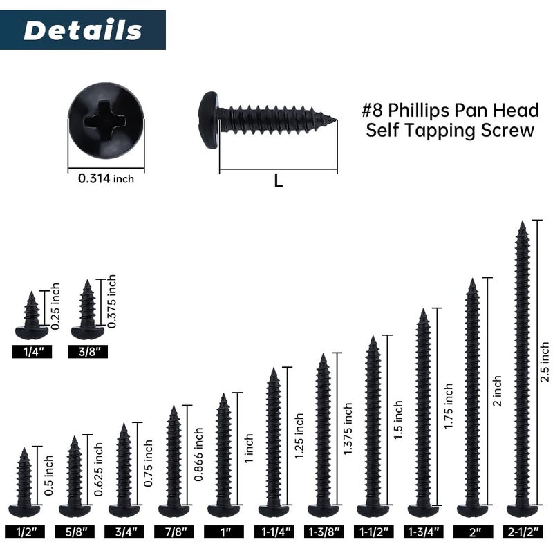 Glvaner #8 x 2 inch Phillips Pan Head Self Tapping Screws for Wood, Black Coated, 304 Stainless Steel 18-8, Round Head Sheet Metal Tek Screws, 50 pcs - Image 4