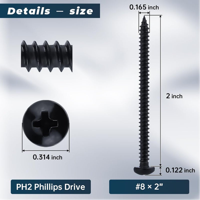 Glvaner #8 x 2 inch Phillips Pan Head Self Tapping Screws for Wood, Black Coated, 304 Stainless Steel 18-8, Round Head Sheet Metal Tek Screws, 50 pcs - Image 3