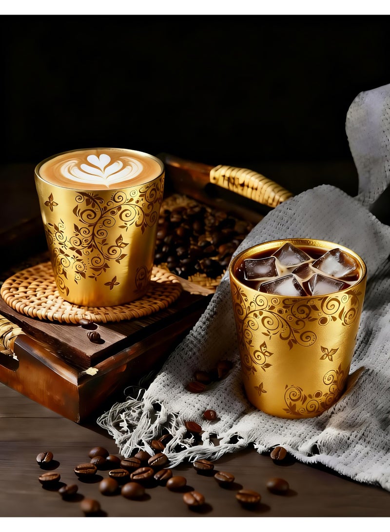 HomeNoor Set of 2 Double Wall 304 Stainless Steel Coffee Cups, Gold Floral Vine Pattern Insulated Drinking Tumblers, Stylish Decorative Cups for Hot & Cold Drinks, 175mL - Image 1