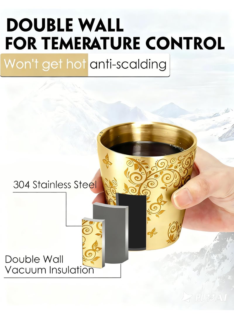 HomeNoor Set of 2 Double Wall 304 Stainless Steel Coffee Cups, Gold Floral Vine Pattern Insulated Drinking Tumblers, Stylish Decorative Cups for Hot & Cold Drinks, 175mL - Image 2