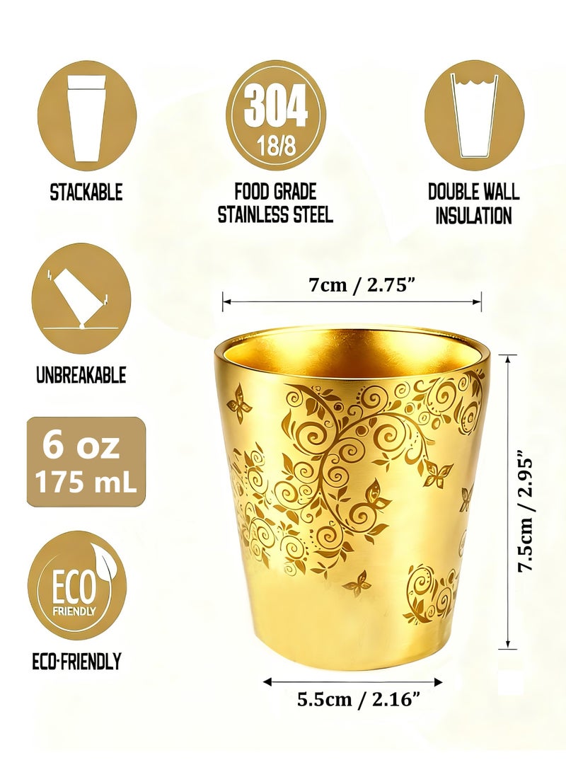 HomeNoor Set of 2 Double Wall 304 Stainless Steel Coffee Cups, Gold Floral Vine Pattern Insulated Drinking Tumblers, Stylish Decorative Cups for Hot & Cold Drinks, 175mL - Image 3