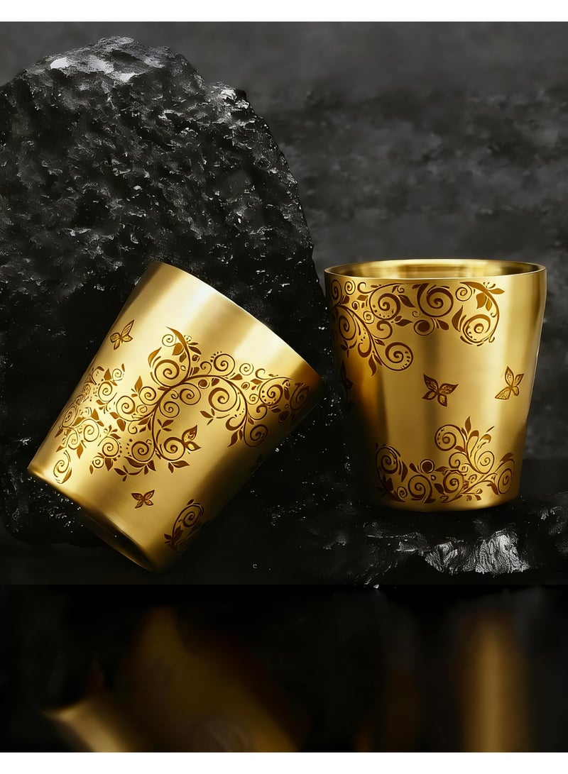 HomeNoor Set of 2 Double Wall 304 Stainless Steel Coffee Cups, Gold Floral Vine Pattern Insulated Drinking Tumblers, Stylish Decorative Cups for Hot & Cold Drinks, 175mL - Image 4