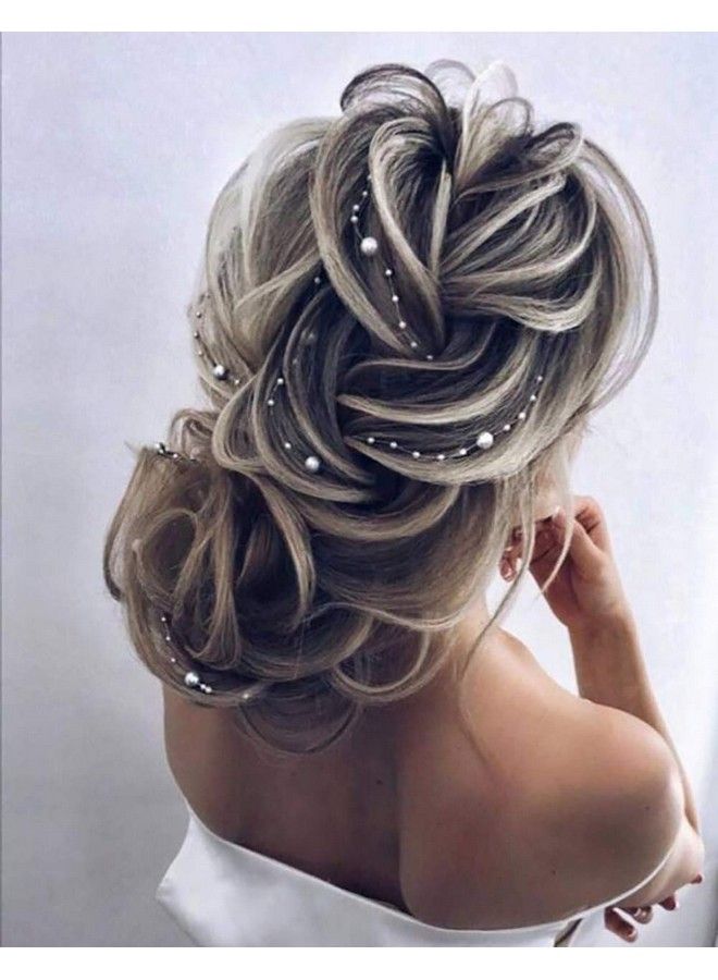 Chargances Set Of 2 Bride Pearl Hair Vine Wedding Hair Accessories Long Headband Pearl Headband Hair Jewelry Long Hair Vine Ivory Pearl Hair Vine Boho Handmade Bridal Headpiece Bride Jewelry (Silver) - Image 3