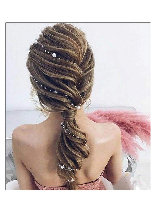 Chargances Set Of 2 Bride Pearl Hair Vine Wedding Hair Accessories Long Headband Pearl Headband Hair Jewelry Long Hair Vine Ivory Pearl Hair Vine Boho Handmade Bridal Headpiece Bride Jewelry (Silver) - Image 2