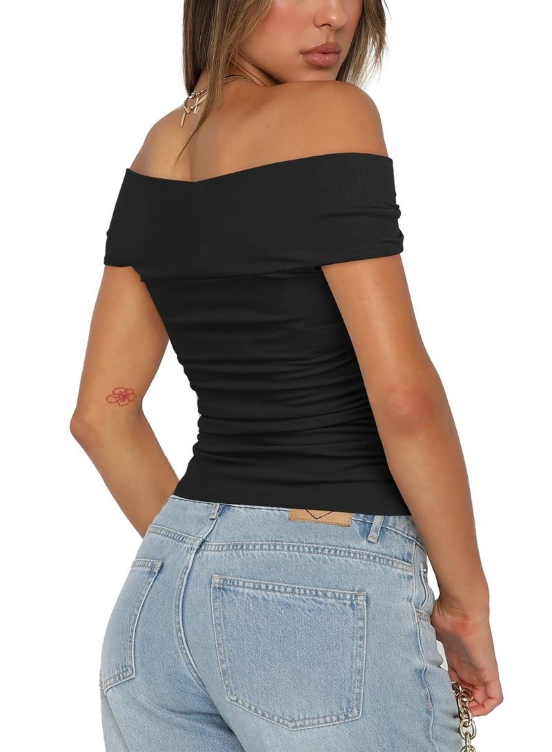 Darong Women Summer Twist Knot Front Off The Shoulder Tank Tops Cap Sleeve Going Out Shirts Slim Fitted Y2K Summer Outfits 9058 Black L - Image 3