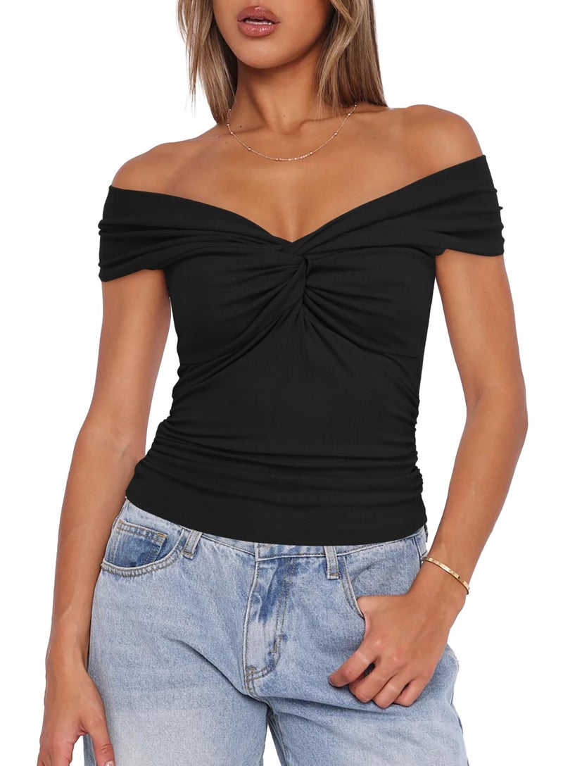 Darong Women Summer Twist Knot Front Off The Shoulder Tank Tops Cap Sleeve Going Out Shirts Slim Fitted Y2K Summer Outfits 9058 Black L - Image 4