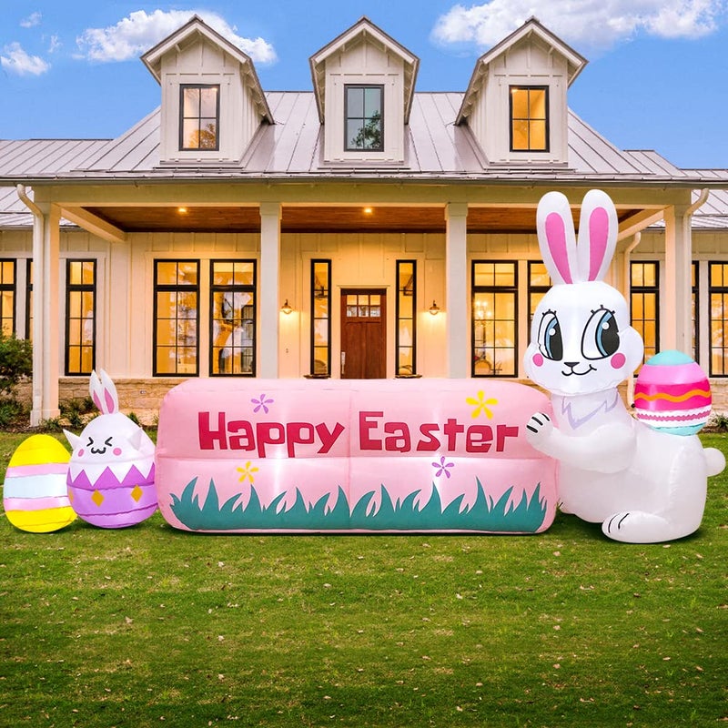 KOOY 8FT Easter Inflatables Bunny Outdoor Decoration with Happy Easter Banner, Built in LED Lights Blow Up Yard Decoration for Lawn Garden Holiday Party - Image 5